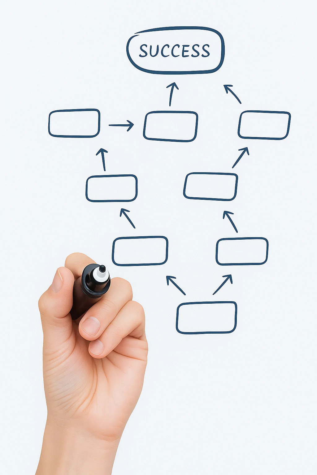 Hand drawing an operational workflow flowchart on a whiteboard, representing Makok's IT support and system optimization process.
